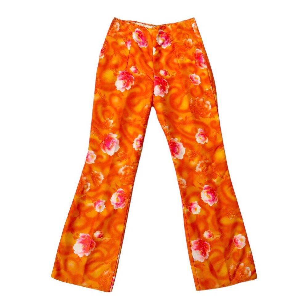 60s vintage highwaisted flare pants psychedelic pattern print orange roses.